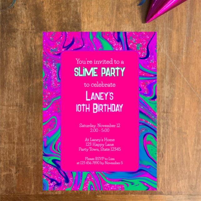 Cool Pink Teal Glitter Girls Birthday Slime Party Invitation (Hot pink cool trendy colorful slime birthday party invitation. Custom text sparkle retro fun party.)