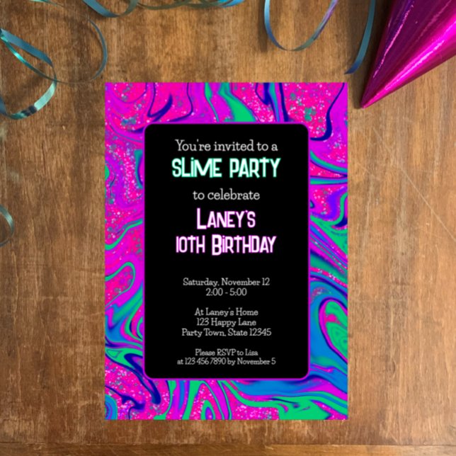 Cool Pink Teal Glitter Girls Birthday Slime Party Invitation (Custom girls slime birthday party invitation. Cool bright pink  blue swirls glitter fun script)