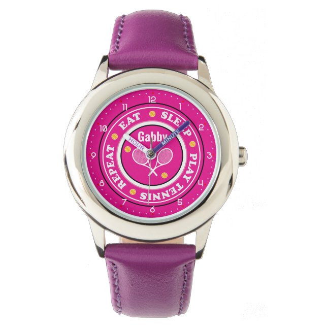 Cool pink tennis slogan with custom name watch (Front)