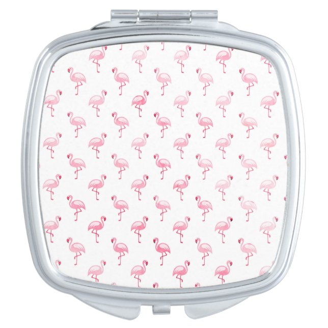 Cool Pink Tropical Flamingo Pattern on White Compact Mirror (Front)