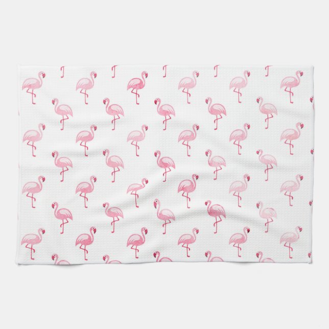 Cool Pink Tropical Flamingo Pattern on White Kitchen Towel (Horizontal)