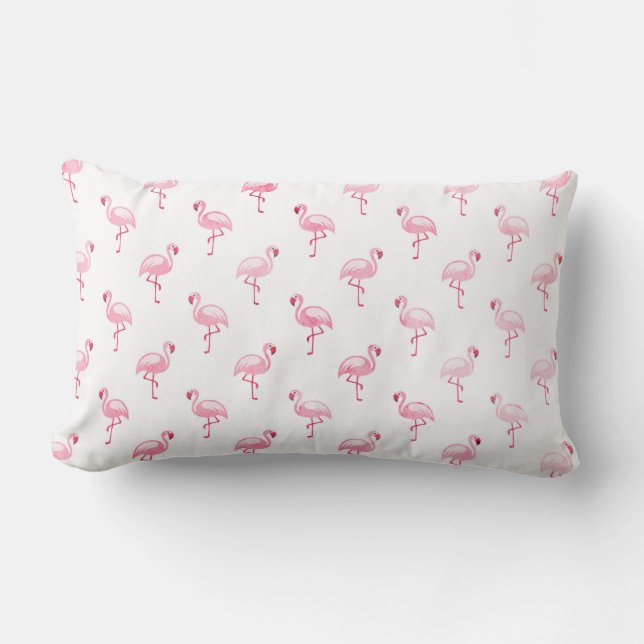 Cool Pink Tropical Flamingo Pattern on White Lumbar Pillow (Front)
