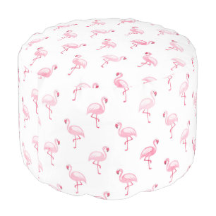 Cool Pink Tropical Flamingo Pattern on White Pouf