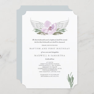 Cool Pink Watercolor Florals Angel Wings Baptism Invitation