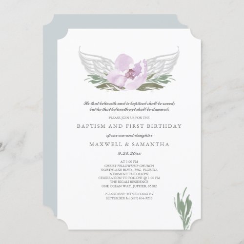 Cool Pink Watercolor Florals Angel Wings Baptism Invitation