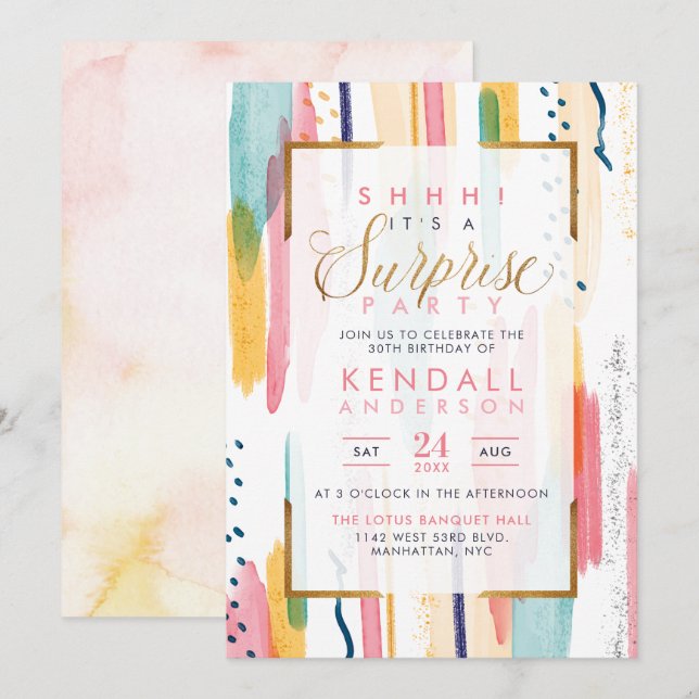 Cool Pink Watercolor Memphis Chic Surprise Party Invitation (Front/Back)