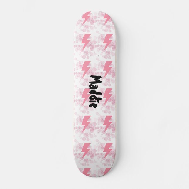 Cool Pink & White Lightening Design Girls Custom  Skateboard (Front)