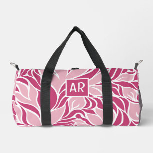 Cool Pink & White Modern Floral Pattern Monogram Duffle Bag