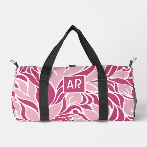 Cool Pink  White Modern Floral Pattern Monogram Duffle Bag