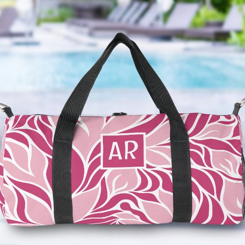 Cool Pink  White Modern Floral Pattern Monogram Duffle Bag