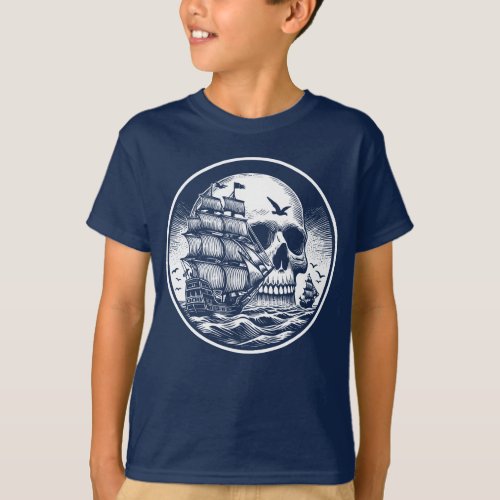 Cool Pirate Skull and Ship in White T_Shirt