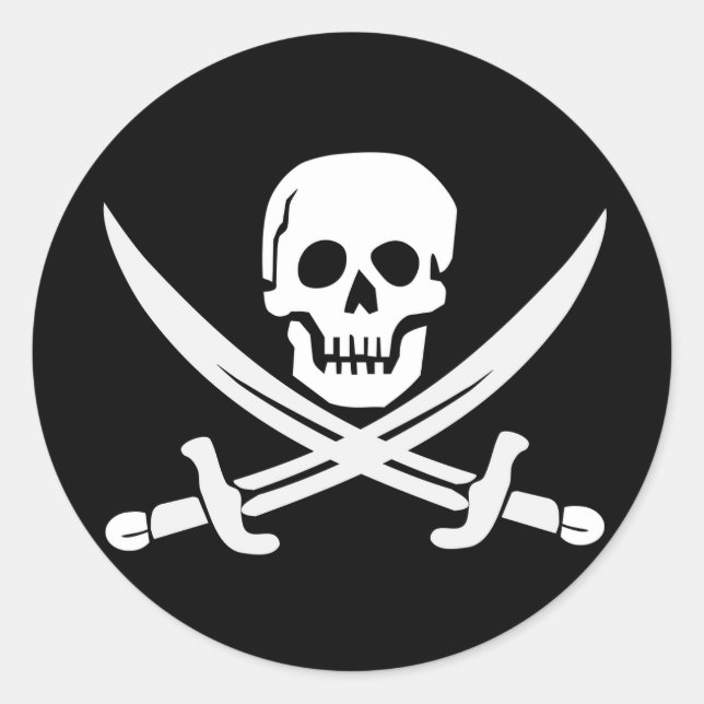 Cool Pirate Skull Crossed Swords Black Halloween Classic Round Sticker (Front)