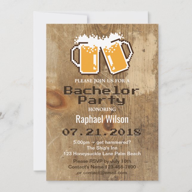Cool Pixel Beers & Wood Bachelor Party Invitation (Front)