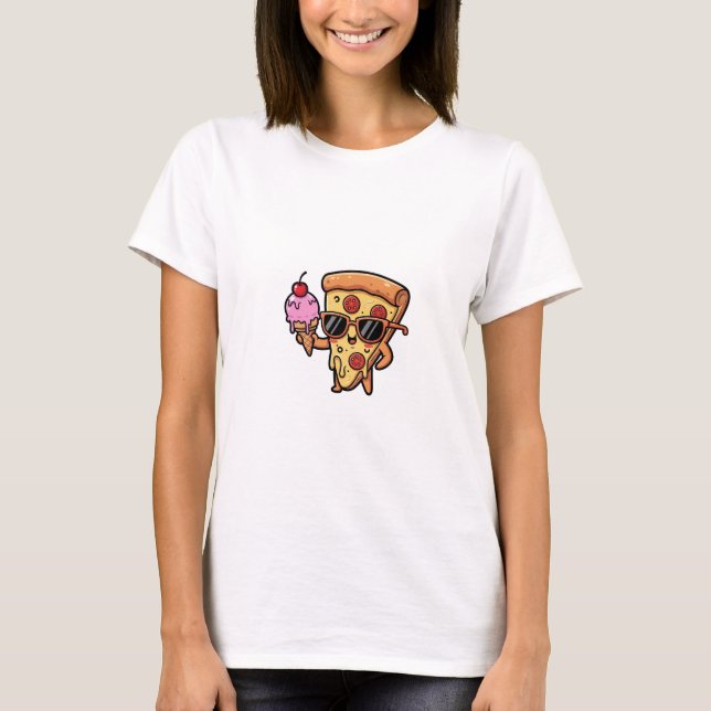 Cool Pizza Slice Character Wearing Sunglasses Hold T-Shirt (Front)