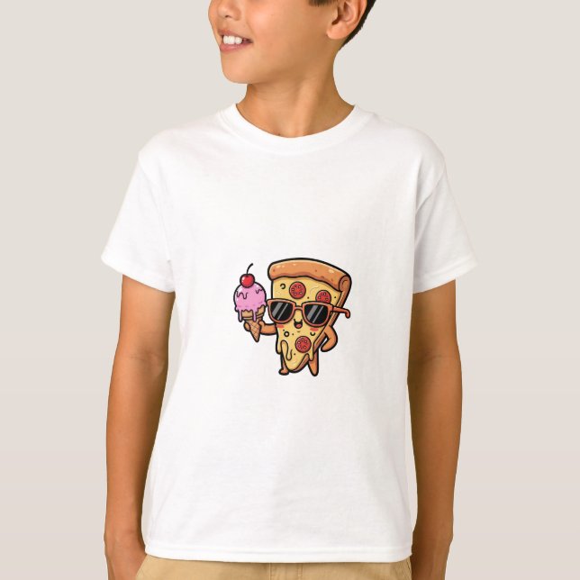 Cool Pizza Slice Holding Ice Cream Cone Kids T-Shirt (Front)