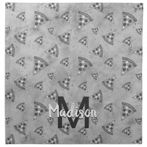 Cool pizza slice vintage black white gray Monogram Cloth Napkin