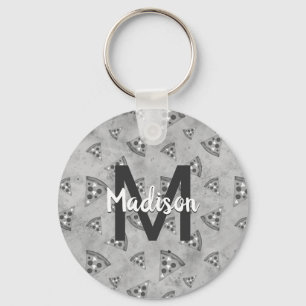 Cool pizza slice vintage black white gray Monogram Keychain