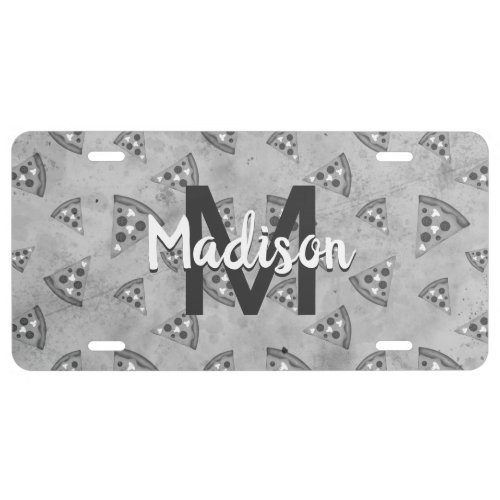 Cool pizza slice vintage black white gray Monogram License Plate