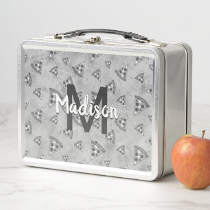 Cool pizza slice vintage black white gray Monogram Metal Lunch Box