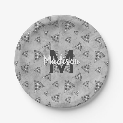 Cool pizza slice vintage black white gray Monogram Paper Plates