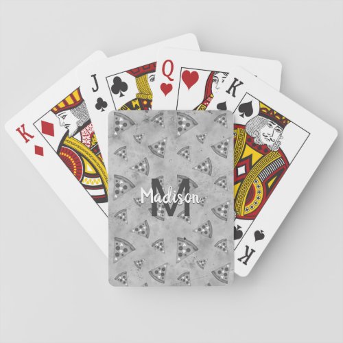 Cool pizza slice vintage black white gray Monogram Poker Cards