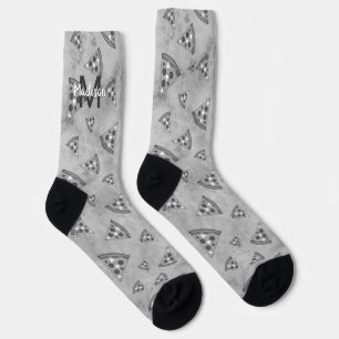 Cool pizza slice vintage black white gray Monogram Socks