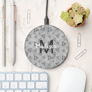 Cool pizza slice vintage black white gray Monogram Wireless Charger