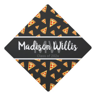 Cool pizza slices dark gray pattern Monogram Graduation Cap Topper