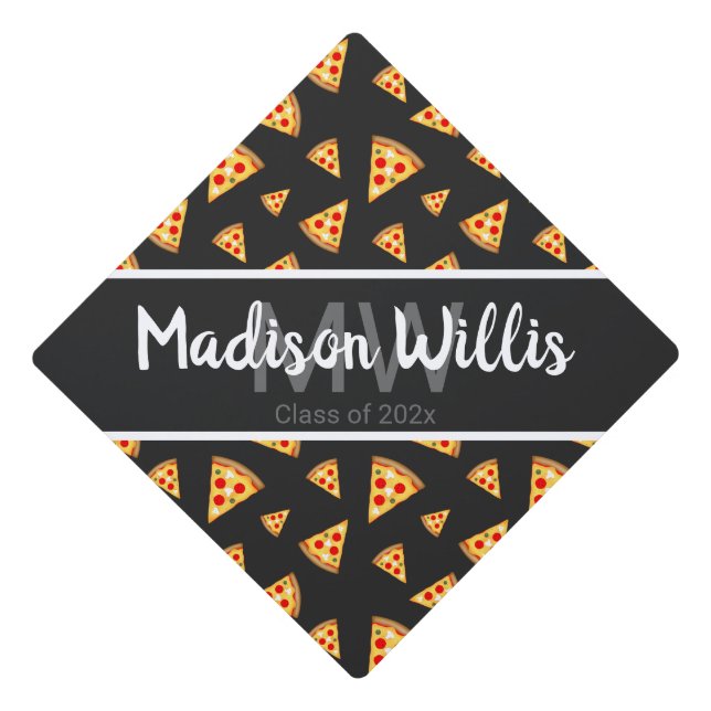 Cool pizza slices dark gray pattern Monogram Graduation Cap Topper (Front)