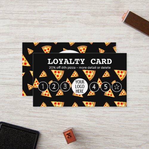 Cool pizza slices pattern Pizzeria Your logo black Loyalty Card