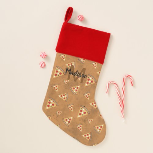 Cool pizza slices vintage brown pattern Monogram  Christmas Stocking