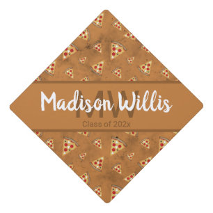 Cool pizza slices vintage brown pattern Monogram Graduation Cap Topper