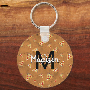 Cool pizza slices vintage brown pattern Monogram Keychain