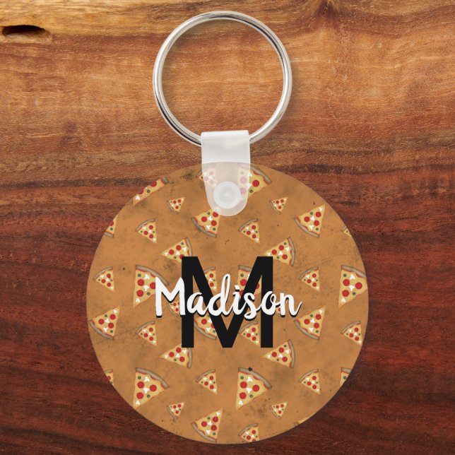 Cool pizza slices vintage brown pattern Monogram Keychain (Front)