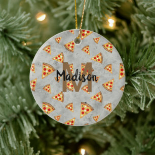 Cool pizza slices vintage gray pattern Monogram Ceramic Ornament