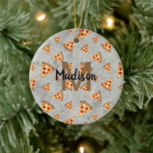 Cool pizza slices vintage gray pattern Monogram Ceramic Ornament