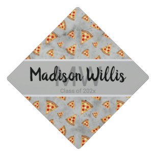 Cool pizza slices vintage gray pattern Monogram Graduation Cap Topper