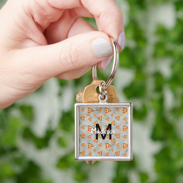 Cool pizza slices vintage gray pattern Monogram Keychain (Hand)