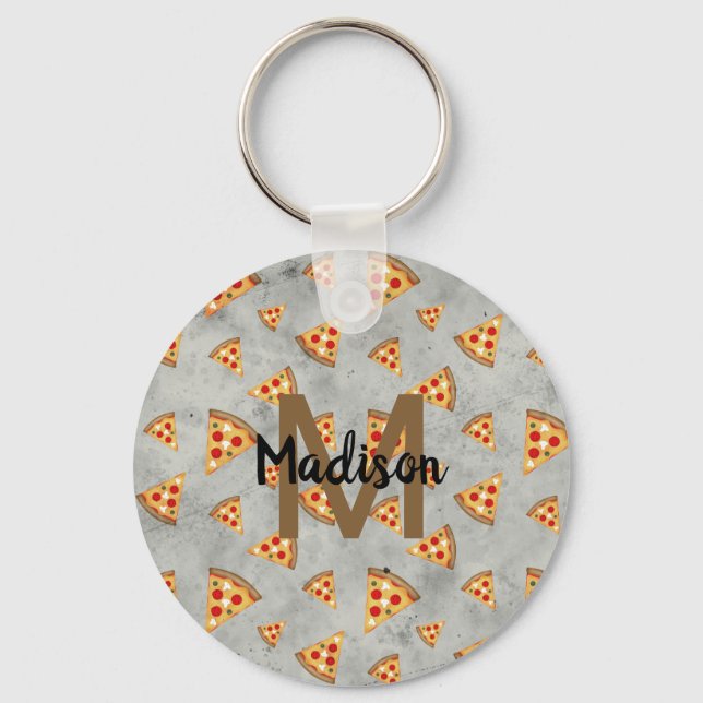Cool pizza slices vintage gray pattern Monogram Keychain (Front)
