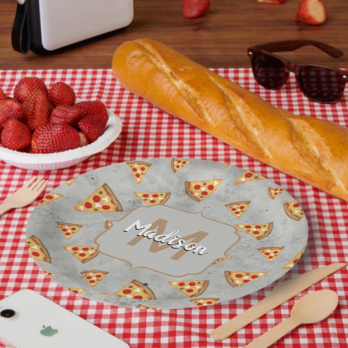 Cool pizza slices vintage gray pattern Monogram Paper Plates