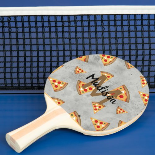 Cool pizza slices vintage gray pattern Monogram Ping Pong Paddle