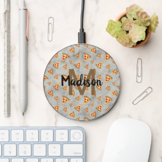 Cool pizza slices vintage gray pattern Monogram Wireless Charger