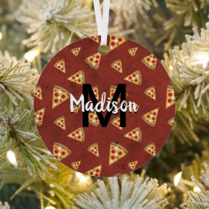 Cool pizza slices vintage network pattern Monogram Metal Ornament