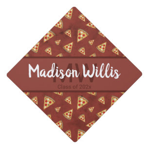 Cool pizza slices vintage red pattern Monogram Graduation Cap Topper