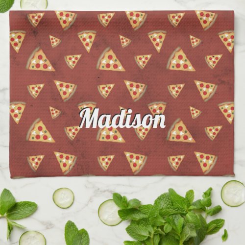 Cool pizza slices vintage red pattern Personalize Kitchen Towel