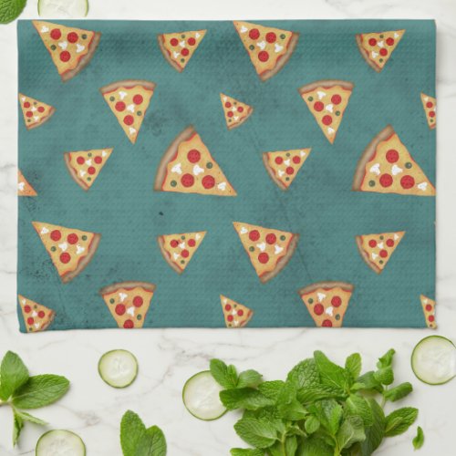 Cool pizza slices vintage teal pattern kitchen towel