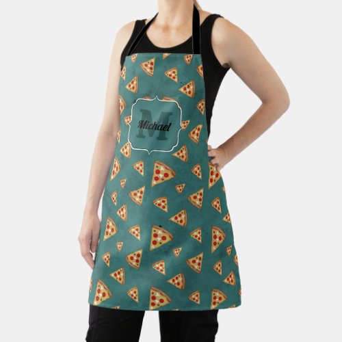 Cool pizza slices vintage teal pattern Monogram Apron