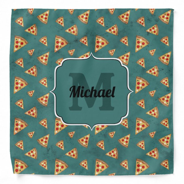 Cool pizza slices vintage teal pattern Monogram Bandana (Front)