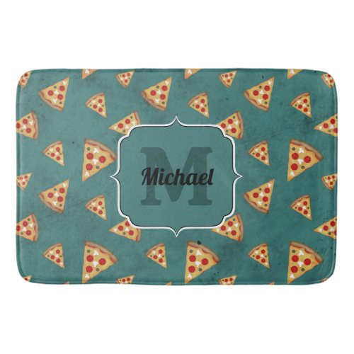 Cool pizza slices vintage teal pattern Monogram Bath Mat