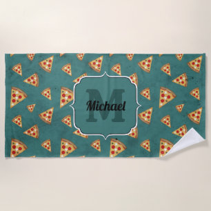 Cool pizza slices vintage teal pattern Monogram Beach Towel